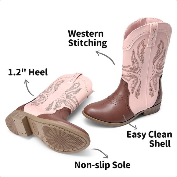 Kids Girls Pink/Brown Cowgirl Western Boots Mid Calf Horse Riding Booties Shoes - Picture 3 of 6